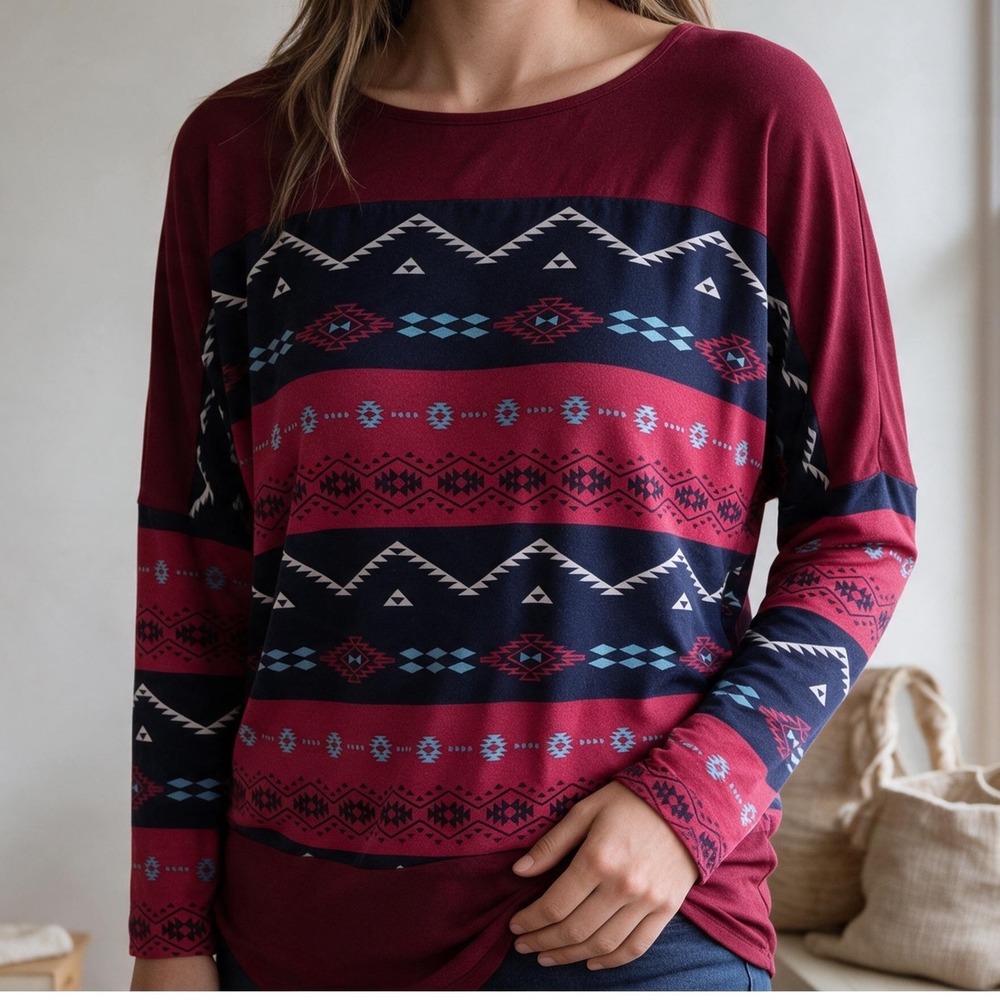 Women Medium Southwestern Aztec Tunic Top Burgundy Navy Boho Western Sleeve USA